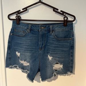 Distressed denim jean shorts